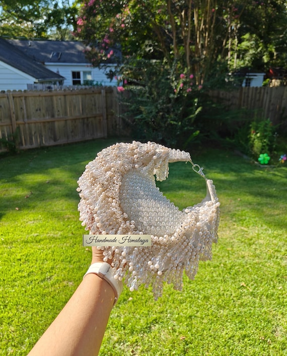 White Beaded Wristlet bag, Crystal Beaded Purse, Bridal Fringe Clutch, Evening and Wedding Bag