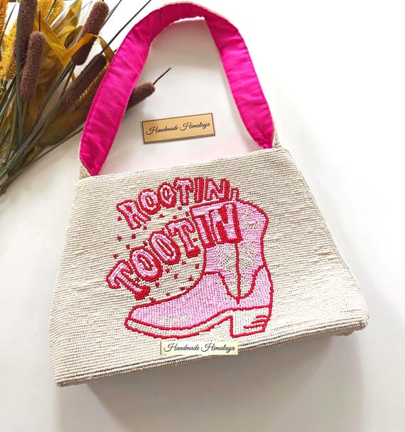 Pink Cowboy Boot Beaded Tote Bag | Nashville Bachelorette Western Purse