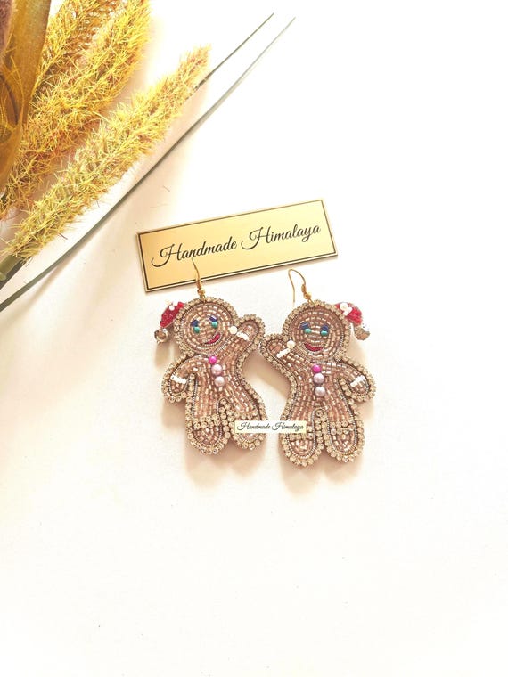 Gingerbread Beaded Earrings | Christmas Holiday Statement Dangle