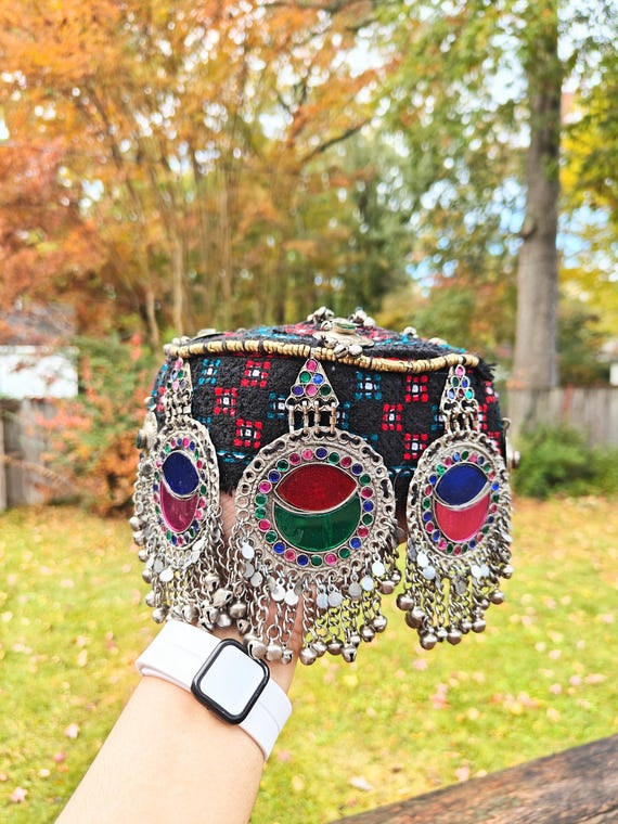 Vintage Afghan Kuchi Cap: Tribal Belly Dancer Afghan Hat with Mirrors