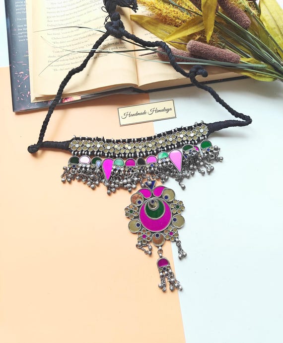Vintage Kuchi Tribal Necklace: Afghan Glass Silver Choker