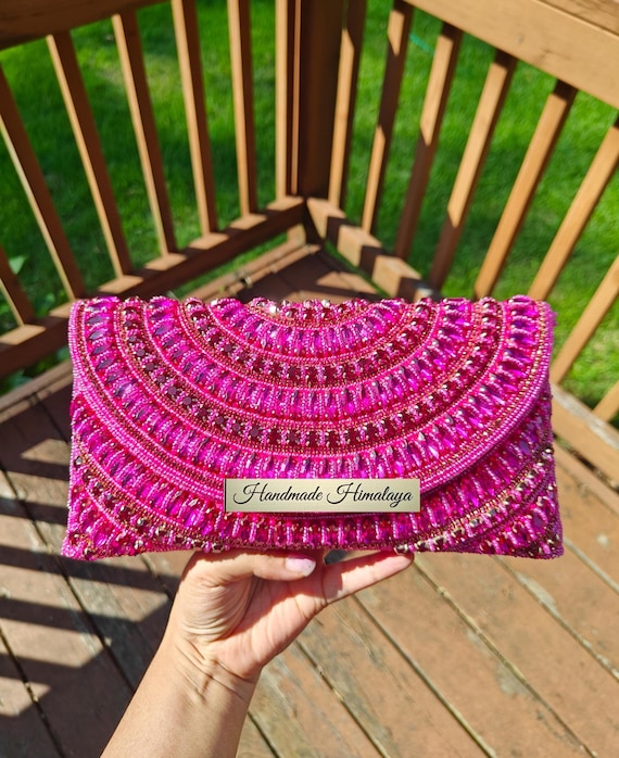 Hot Pink Beaded Clutch, Crystal Embellished Purse, Pink Beaded Handbag, Party Evening Clutch, Gift for Her, Fuchsia Clutch