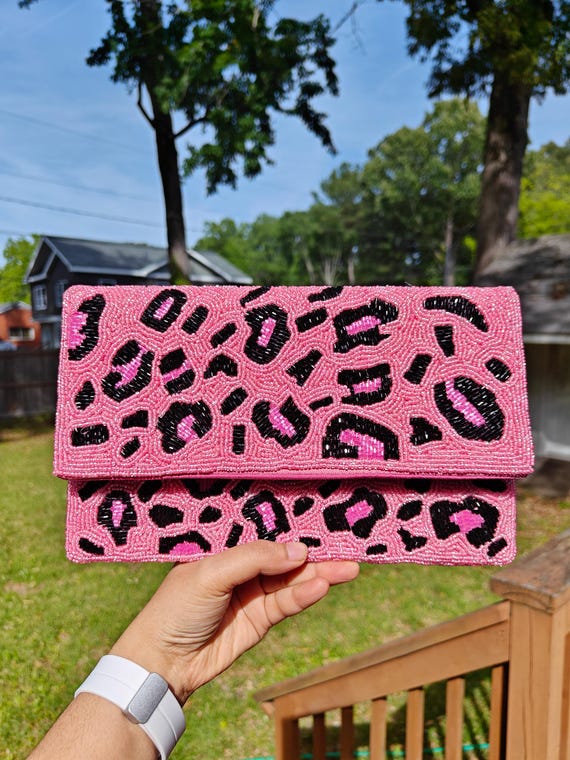 Pink Beaded Clutch, Pink Cheetah Purse, Animal Print Bag, Seed Bead Purse, Summer Clutch, Pink Black Purse, Evening Clutch, Gift for Her