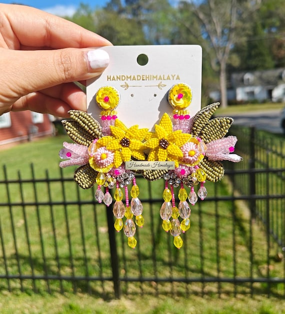 Bouquet Beaded Sunflower Earrings, Yellow Floral Dangles, Boho Summer Party Jewelry