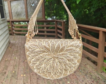 3D Floral Beaded Bag, Golden Beaded Handbag, Seed Beaded Fringes Purse, Party Evening Bag, Flower Beaded Purse, Gift for Her Statement