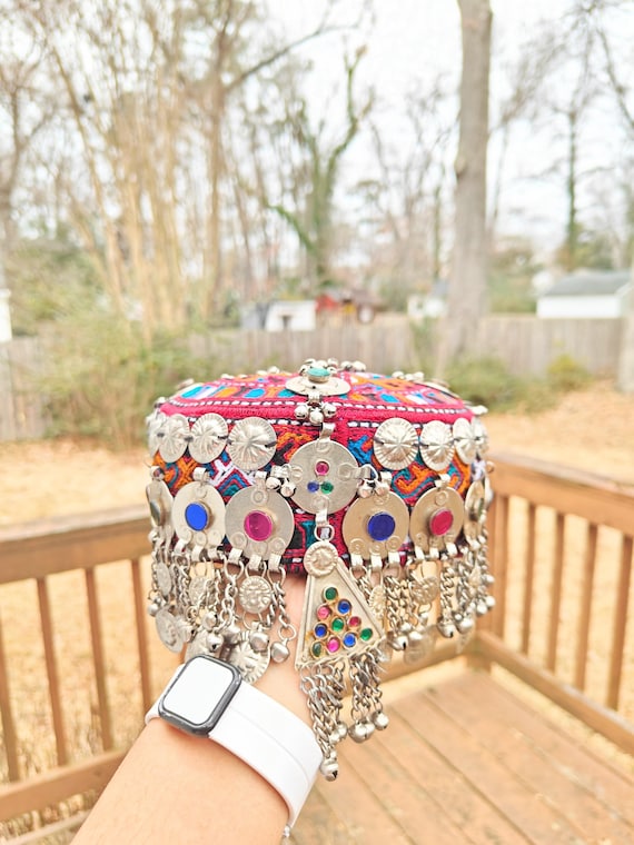 Embroidered Afghan Halima Sultan Red Cap Tribal Belly Dance Embellished Headpiece