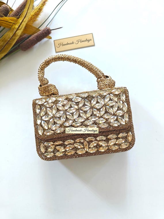Champagne Gold Crystal Mini Purse | Beaded Bridal Top Handle Evening Bag