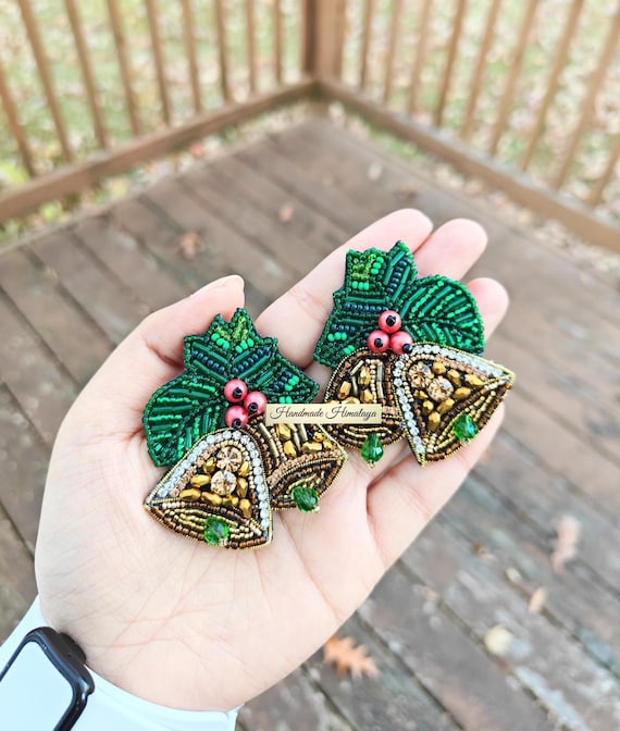 Green Gold Beaded Bell Earrings, Holiday Seed Bead Dangle Jewelry, Christmas Bell Statement Earrings