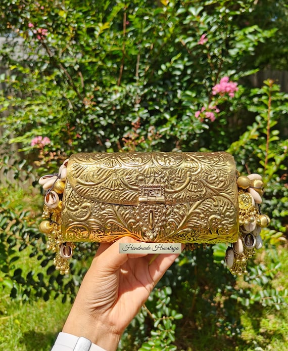 Gold Brass Clutch, Brass Metal Purse, Boho Banjara Metal Bag, Indian Metal Purse, Crossbody Gold Clutch, Festive Handbags, Antique Style Bag
