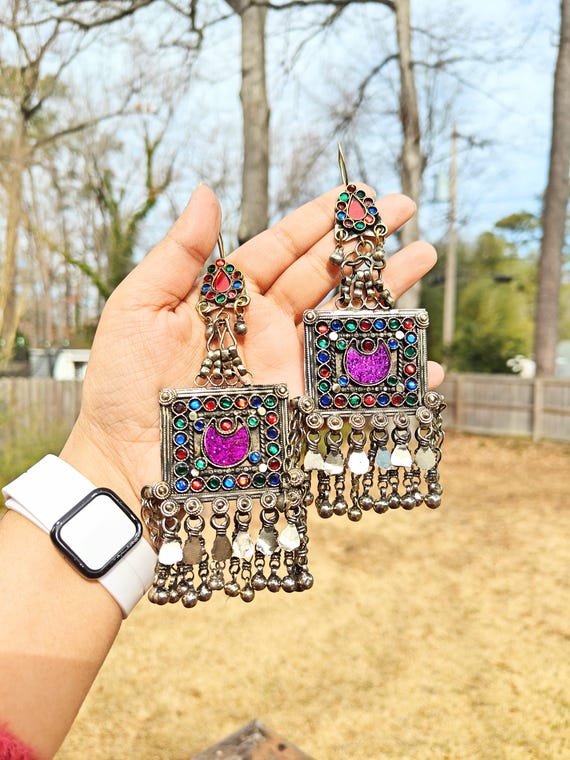 Vintage Afghan Earrings Long Oversized Silver Purple Metal Tribal Kuchi Bell Dangle Jewelry