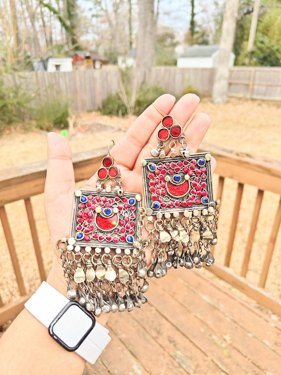 Vintage Afghan Earrings Long Oversized Silver Red Metal Tribal Kuchi Bell Dangle Jewelry