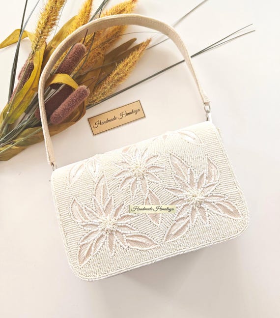 Ivory White Beaded Floral Clutch Bag | Bridal Wedding Shoulder Purse