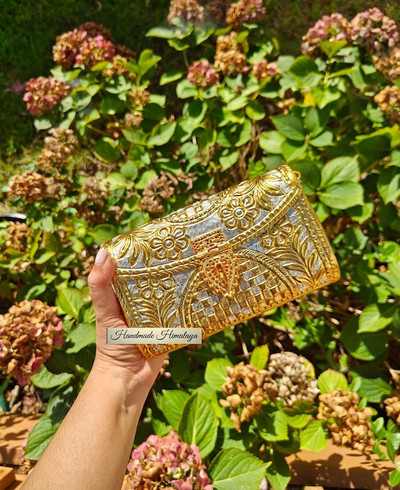 Dual Tone Brass Clutch Metal Purse in Gold Silver Antique Style with Crossbody Strap