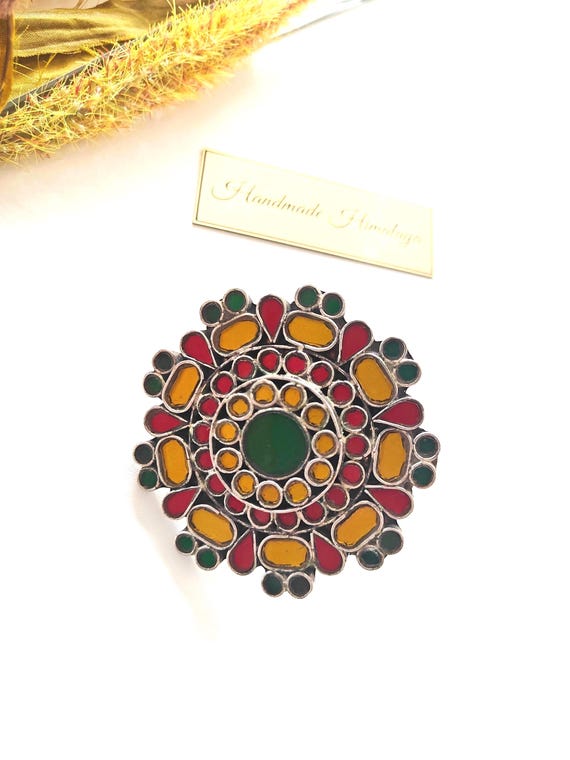Afghan Mirror Ring | Tribal Brass Finger Jewelry | Ethnic Red Green Glass Band for Festivals