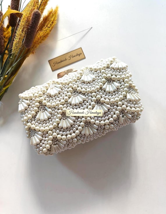 Pearl Beaded Bridal Clutch | Ivory Scalloped Wedding Purse