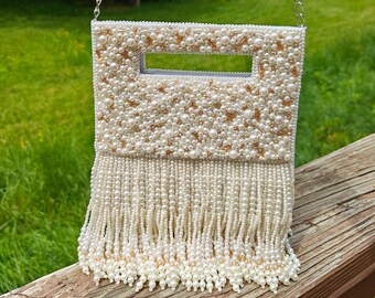 White Biege Beaded Bag, Bridal Fringes Purse, Square Handle Crossbody Bag, Beaded Shoulder Bag, Bridesmaid Gift, Party Evening Purse