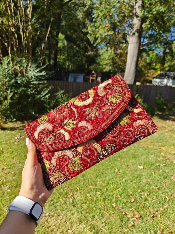 Red Beaded Clutch, Embroidered Evening Bag, Indian Wedding Purse