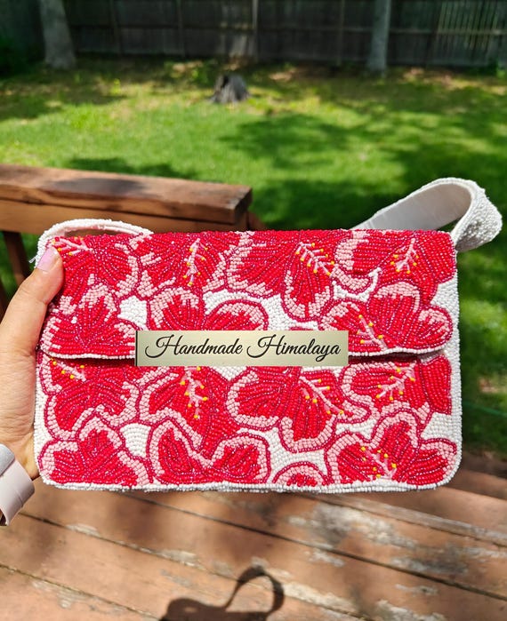Red Hibiscus Bag, Beaded Bag, Beaded Shoulder Bag, Handmade Himalaya Bag, Beaded Handbag, Top Handle Bag, Gift for Her, Summer Floral Bag