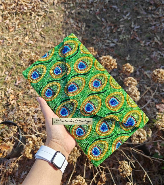 Green Peacock Beaded Clutch, Peacock Feather Bead Purse, Party Evening Bag Crossbody