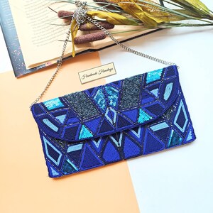 Royal Blue Beaded Clutch, Geometric Art Deco Evening Bag, Sequin Envelope Purse with Chain, Evening Party Bag, Gift for Her