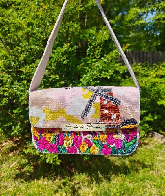 Holland Tulips Windmill Beaded Bag, Summer Vacation  Floral Shoulder Purse