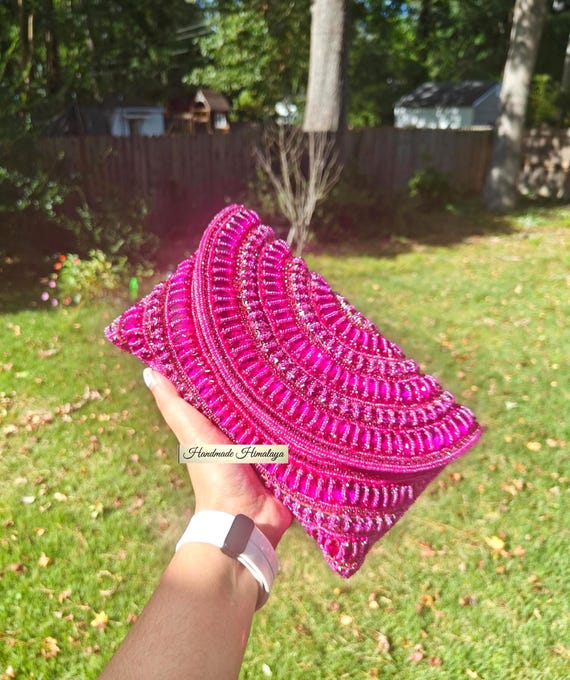 Hot Pink Crystal Beaded Clutch: Fuchsia Indian Wedding Evening Bag Bachelorette Party Glam Purse