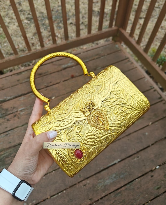 Gold Brass Clutch, Floral Engraved Metal Handbag, Evening Purse for Weddings, Bridal, and Galas