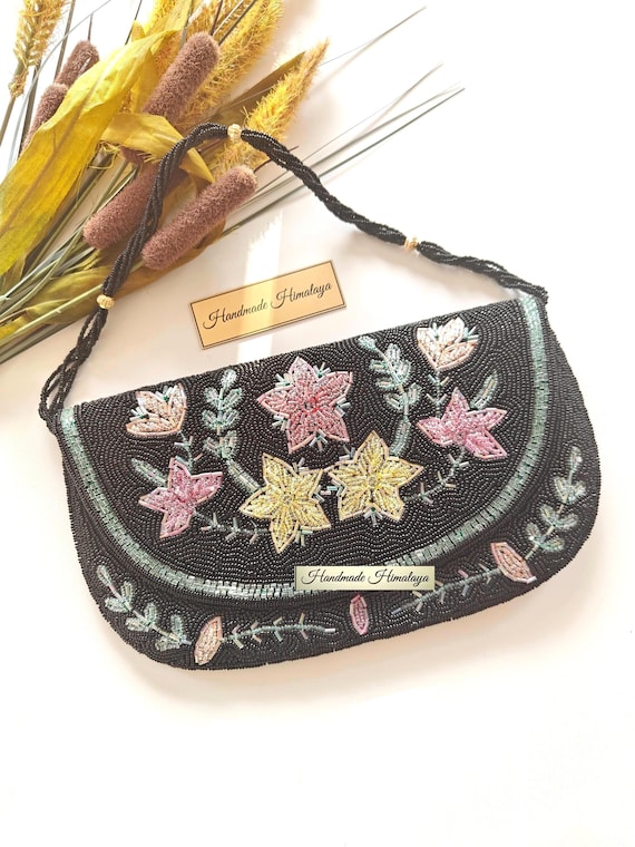 Black Floral Beaded Clutch | Pink Yellow Flower Evening Bag | Hand Embroidered Wedding  Party Purse
