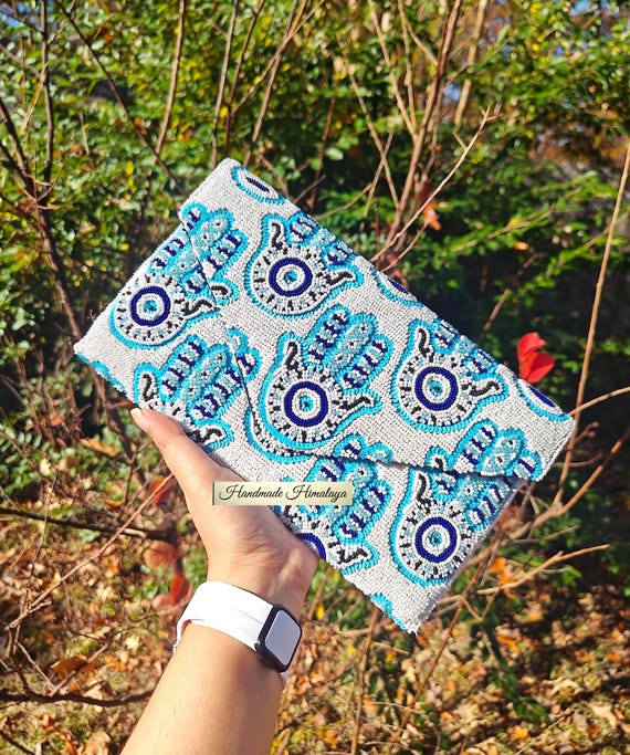 Blue Evil Eye Beaded Clutch | Hamsa Hand Evening Bag | Nazar Envelope Crossbody
