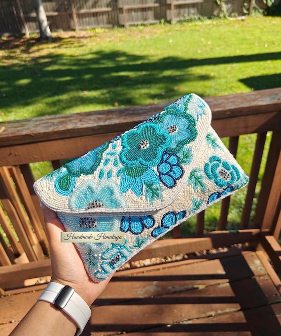 Floral Beaded Clutch | Aqua Green Teal Wedding Purse