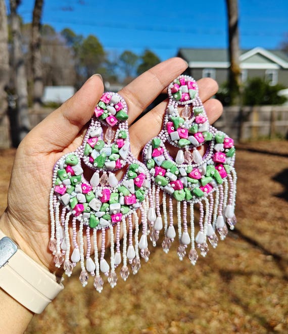 Chandelier Beaded Earrings, Pink Green Fringe Earrings, Indian Earrings