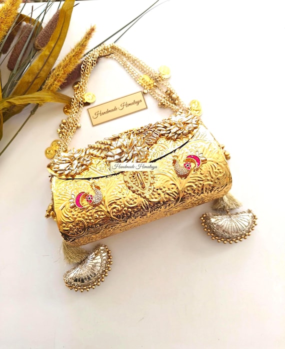 Gold Brass Clutch Purse | Embossed Indian Bridal Metal Evening Bag with Tassels