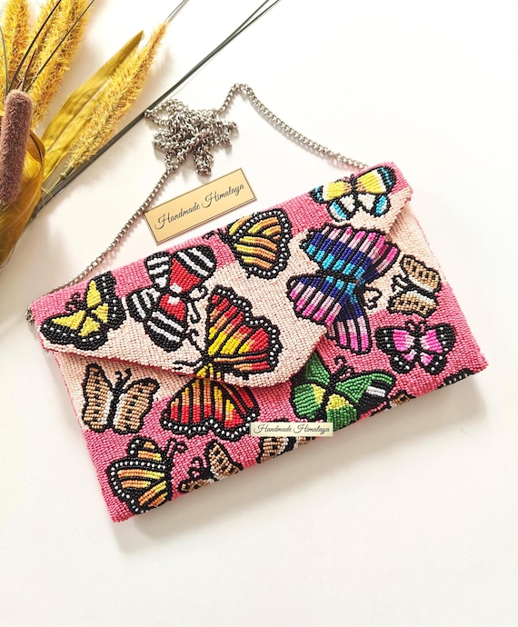 Butterfly Beaded Clutch Purse |  Vibrant Pink  Seed Bead Evening Bag | Festival Party Envelope Clutch