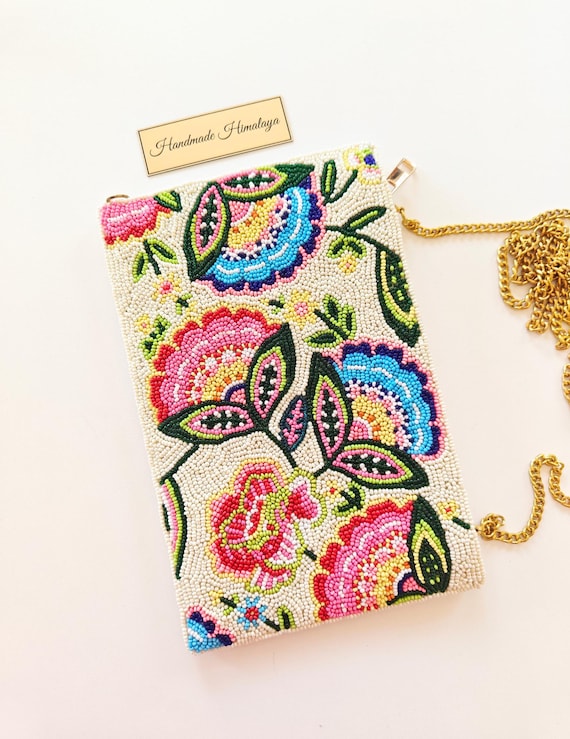 Beaded Floral Phone Bag |  Boho Flower Cellphone Pouch  | Pink Blue Embroidered Festival Crossbody Purse