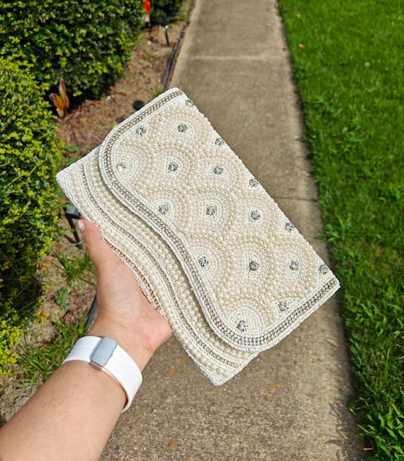 White Pearl Beaded Wedding Bridal Clutch with Crystal Embellishment Envelope Scalloped Design