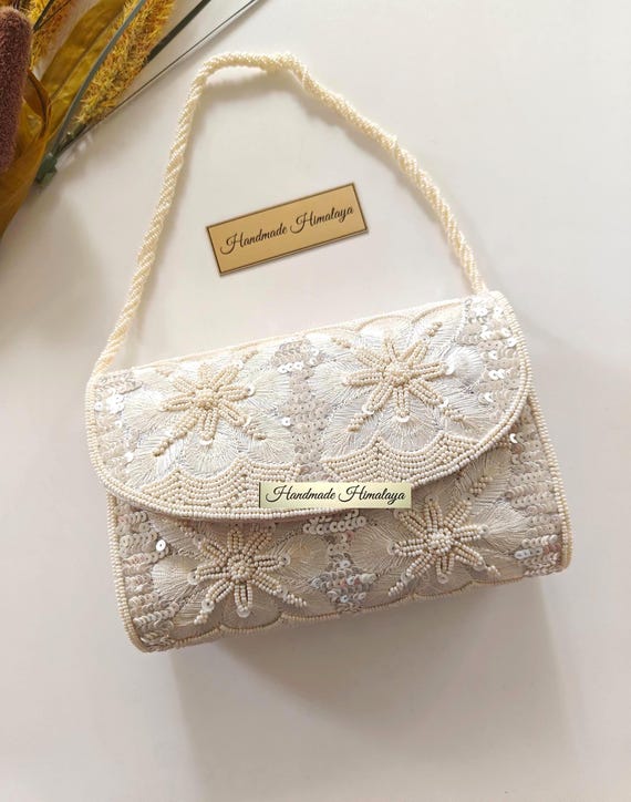 Ivory Beaded Bridal Clutch, Bridesmaid Sequin Wedding Purse, Floral Evening Bag