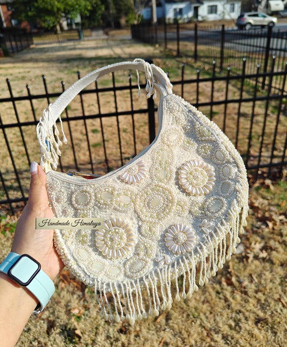 Ivory White Beaded Bridal Hobo Bag, Floral Pearl Purse for Weddings Formal Events, Unique Bridesmaid Gift