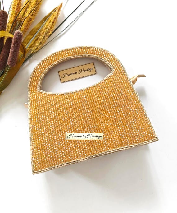 Gold Crystal Bridal Purse Top Handle Rhinestone Evening Handbag