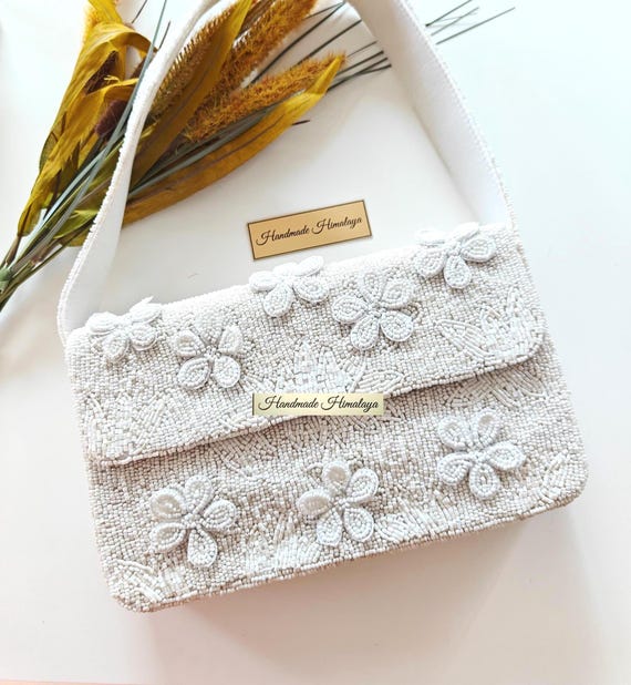 Floral White Beaded Bag | 3D Flower Bridal Purse | Handmade Wedding Shoulder Handbag