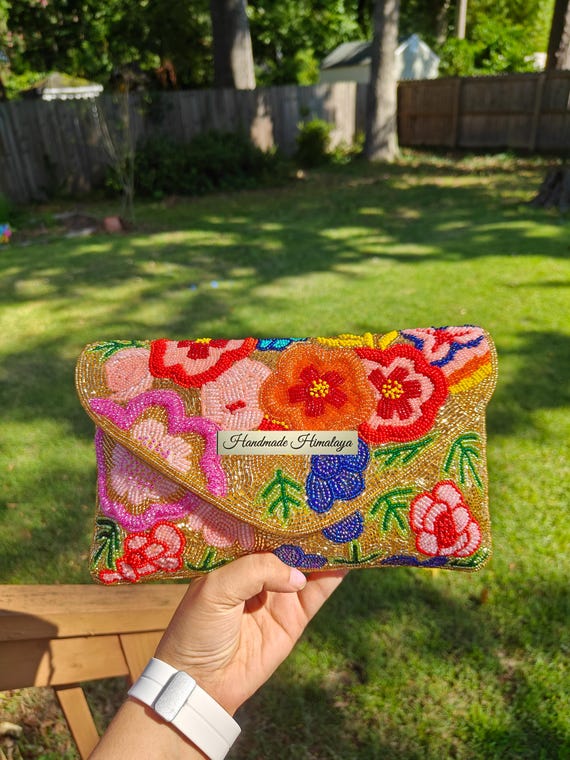 Gold Clutch, Floral Beaded Purse, Gold Beaded Bag, Flower Purse, Crossbody Bag, Party Purse, Evening Clutch, Wedding Purse, Bridal GIft