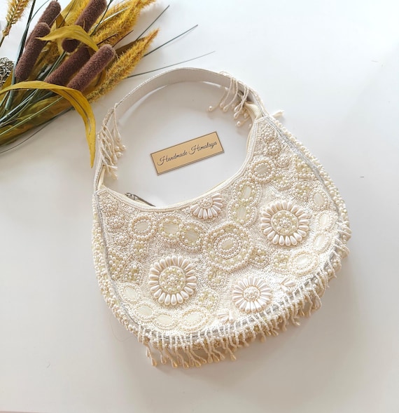 Pearl Beaded Crescent Handbag | White Floral Fringe Evening Bag | Boho Chic Bridal Design