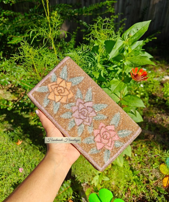 Rose Gold Beaded Clutch, Floral Embroidered Purse, Pastel Seed Bead Handbag, Crossbody Evening Bag, Wedding Guest Bag
