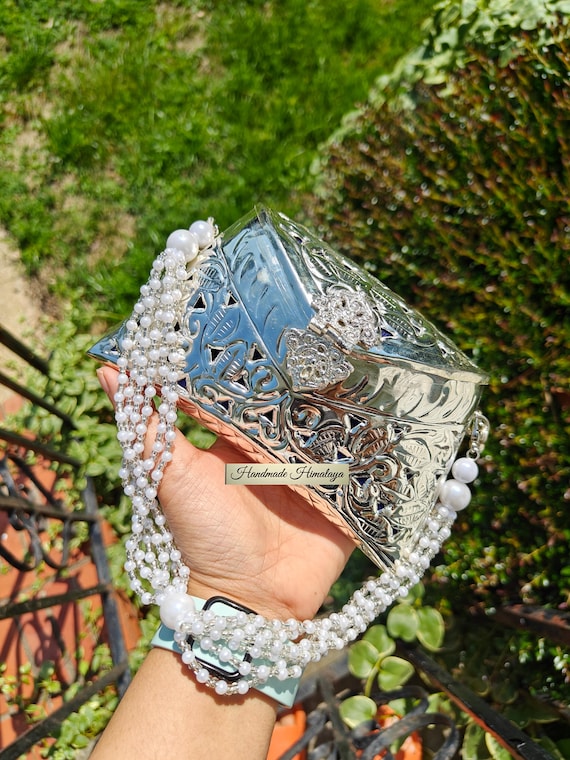 Embossed Silver Clutch Bag | Indian Wedding Brass Purse | Boho Evening Handbag