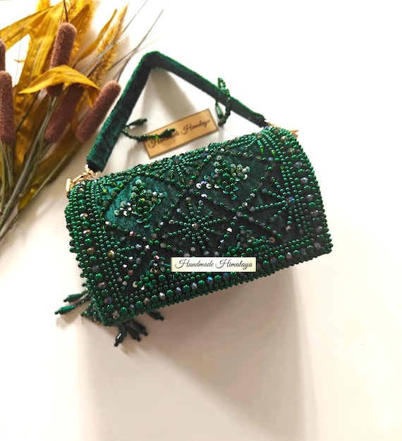 Emerald Green Bridal Purse, Crystal Beaded Wedding Evening Bag