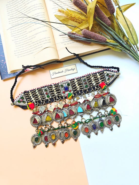 Vintage Afghan Necklace, Kuchi Tribal Choker, Boho Festival Jewelry, Ethnic Multicolor Pendant Necklace, Bellydance Costume Jewelry