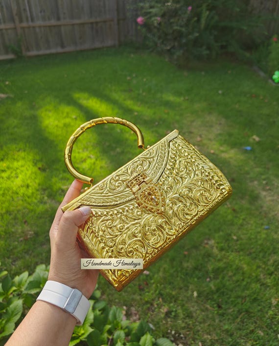 Indian Gold Purse, Gold Brass Clutch, Gold Clutch, Wedding Purse, Bride Purse, Party Evening Clutch, Metal Bag, Antique Style Purse