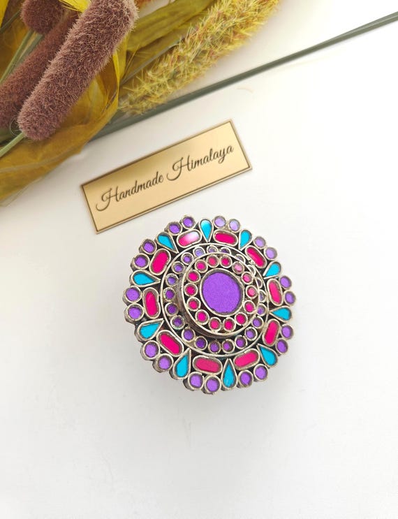 Afghan Mirror Ring | Tribal Brass Finger Jewelry | Ethnic Pink Purple Blue Glass Band for Festivals
