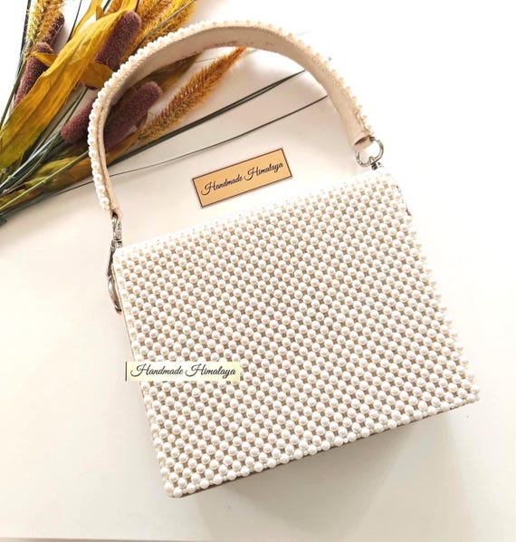 Pearl Beaded Bridal Bag | White Wedding Top Handle Purse | Bride Handbag | Ivory Evening Clutch