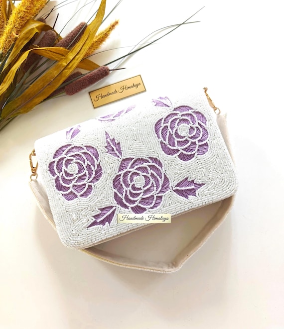 Purple Floral Bridal Clutch | Beaded Wedding Evening Bag