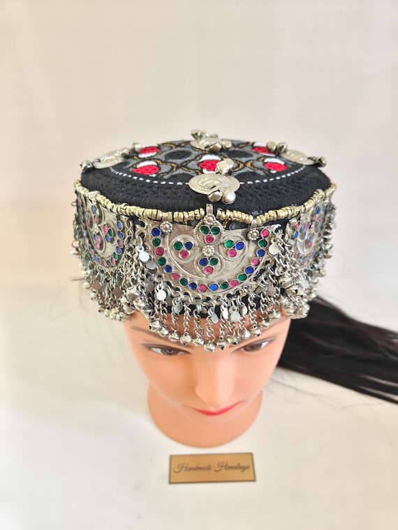 Embroidered Afghan Mathapati Cap: Halima Sultan Style Jewel Embellished Black Hat